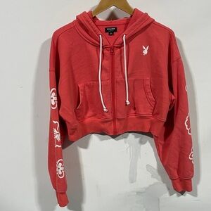 PLAYBOY by Pacsun Coral Cropped Zip Hoodie with White Bunny and Floral Sleeves